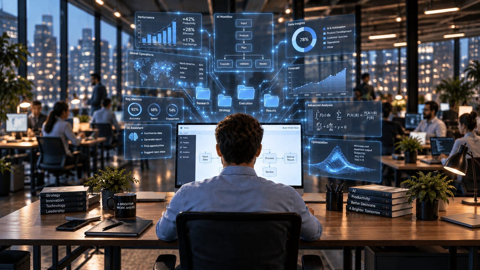Homem sentado em frente ao seu computador com várias telas projetadas no ar