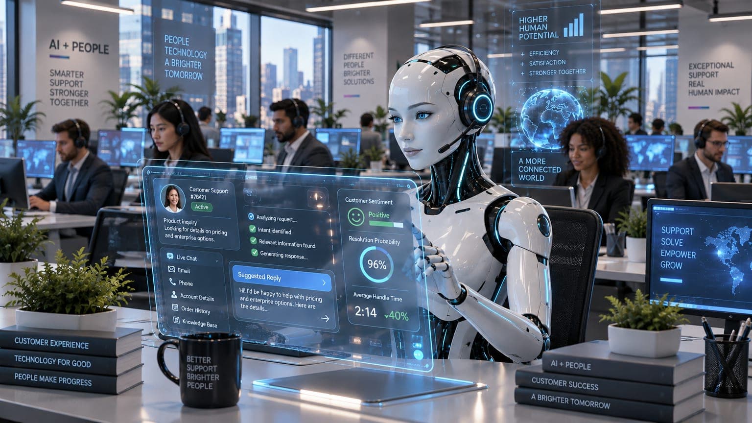Robo sentado atrás de uma tela projetada realizando atendimento em uma sala com várias outras pessoas sentadas em frente aos seus computadores