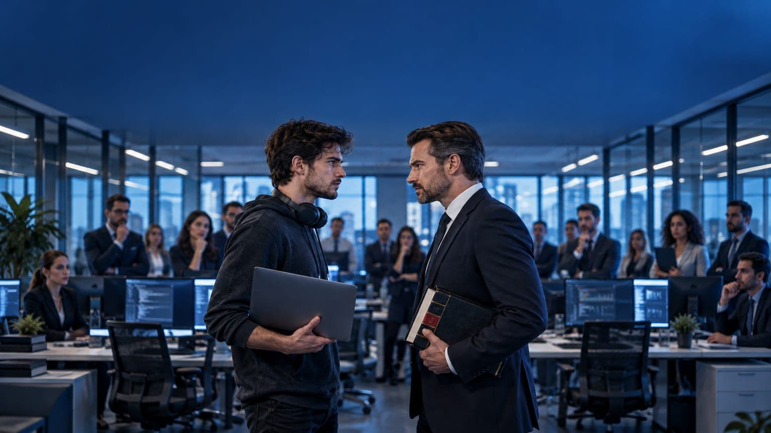 dois homens de frente um para o outro e várias pessoas ao fundo observando