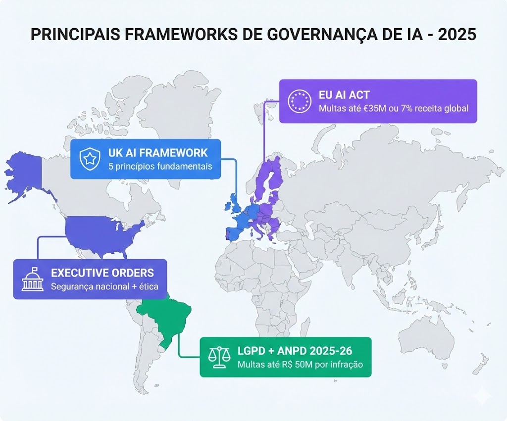 Mapa-múndi mostrando os principais frameworks de governança de IA: EU AI Act na Europa, UK Framework no Reino Unido, Executive Orders nos EUA, e LGPD/Agenda ANPD no Brasil, com ícones representando cada regulação
